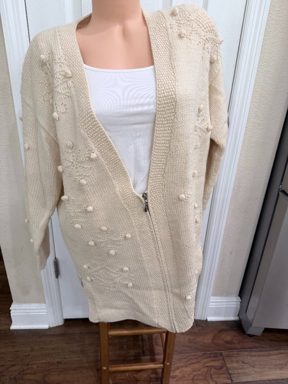 Vintage Collection Point of View Wool Zip Cardigan S Cream Snowflake Popcorn